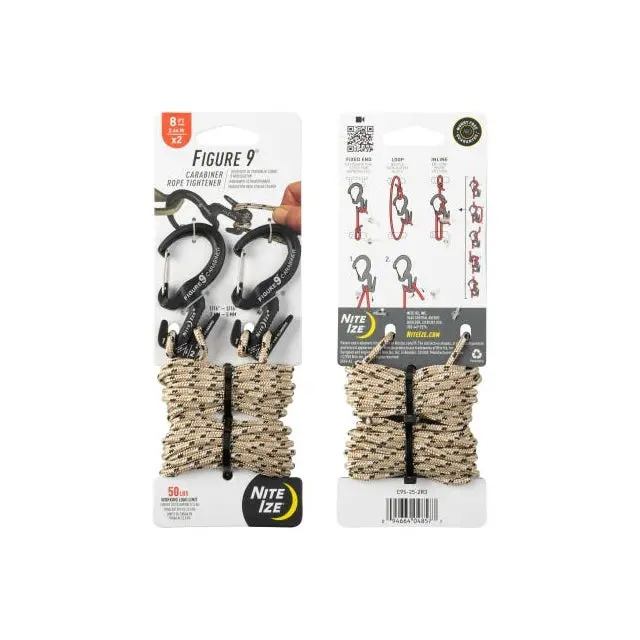 Compact Figure-9 Carabiner Rope Tensioner – 2-Pack With Cord 1