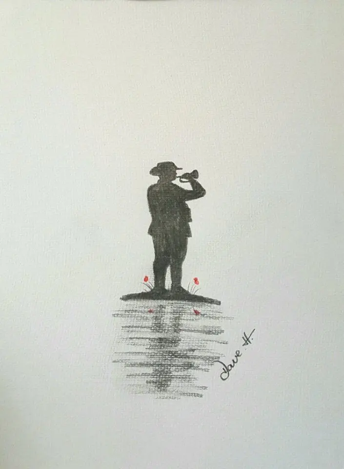 Hand-Drawn Pencil Sketch: 'Anzac Dawn' – Bugler At Dawn 1