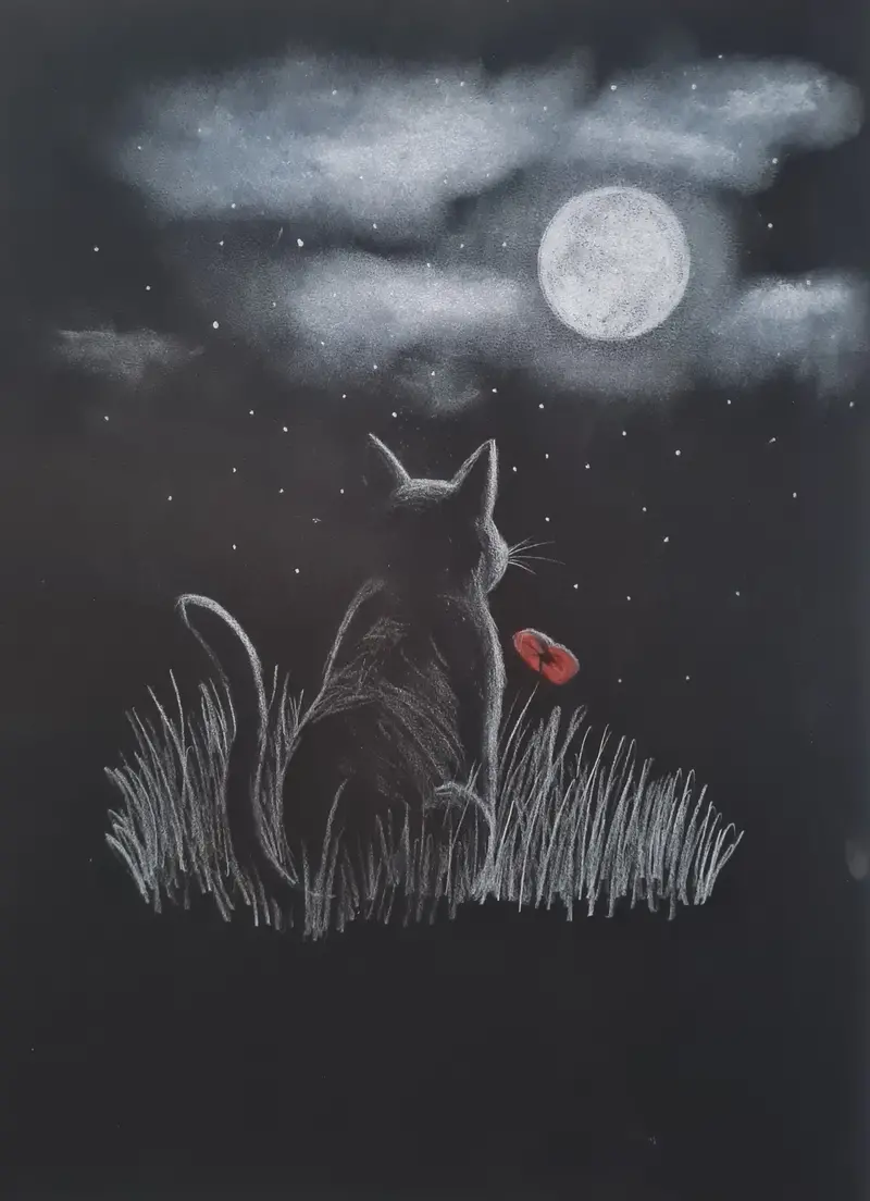 Moonlit Poppy Cat – Limited Edition Giclée Art Print 1