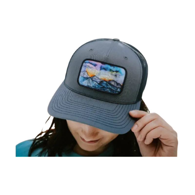 Mountain Watercolor Trucker Hat (Navy) – Montana Scene 1