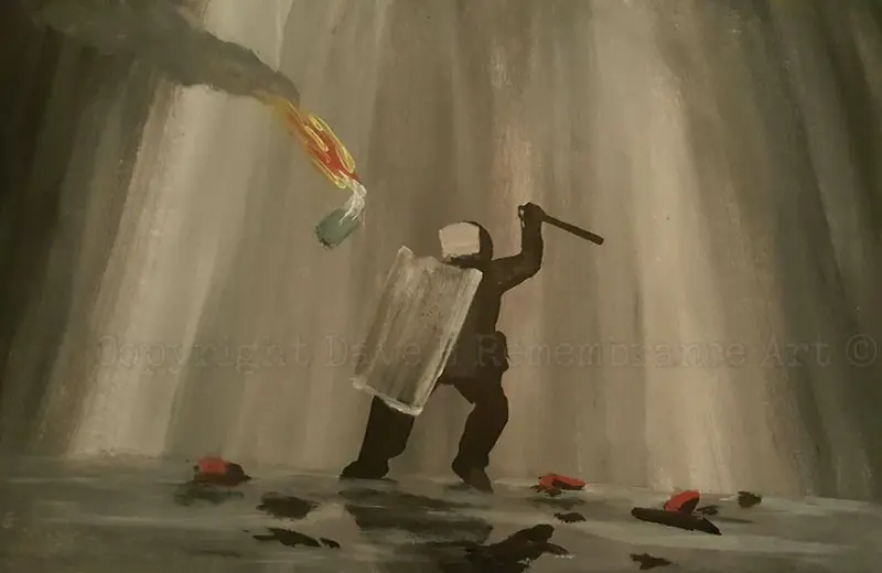 Original Painting 'Sticks And Stones May Break My Bones, But Petrol Bombs They Burn Me' – Powerful Social Commentary Art 1