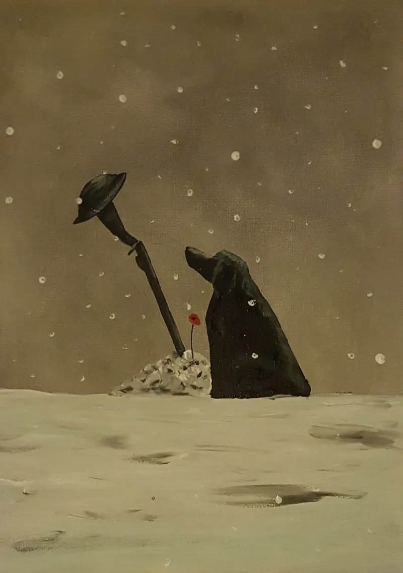 Original Snow Series Painting #5: Please Come Back – Serene Snowscape With Symbolic Motif 1
