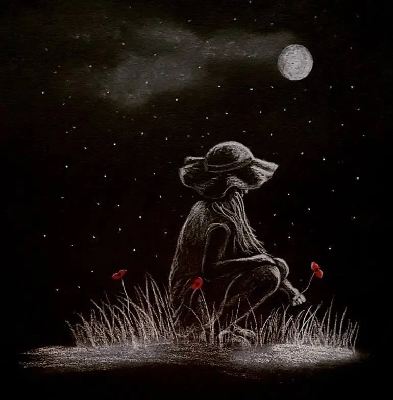 Picking Poppies By Moonlight – Original Polychromo On Black Card #008 1